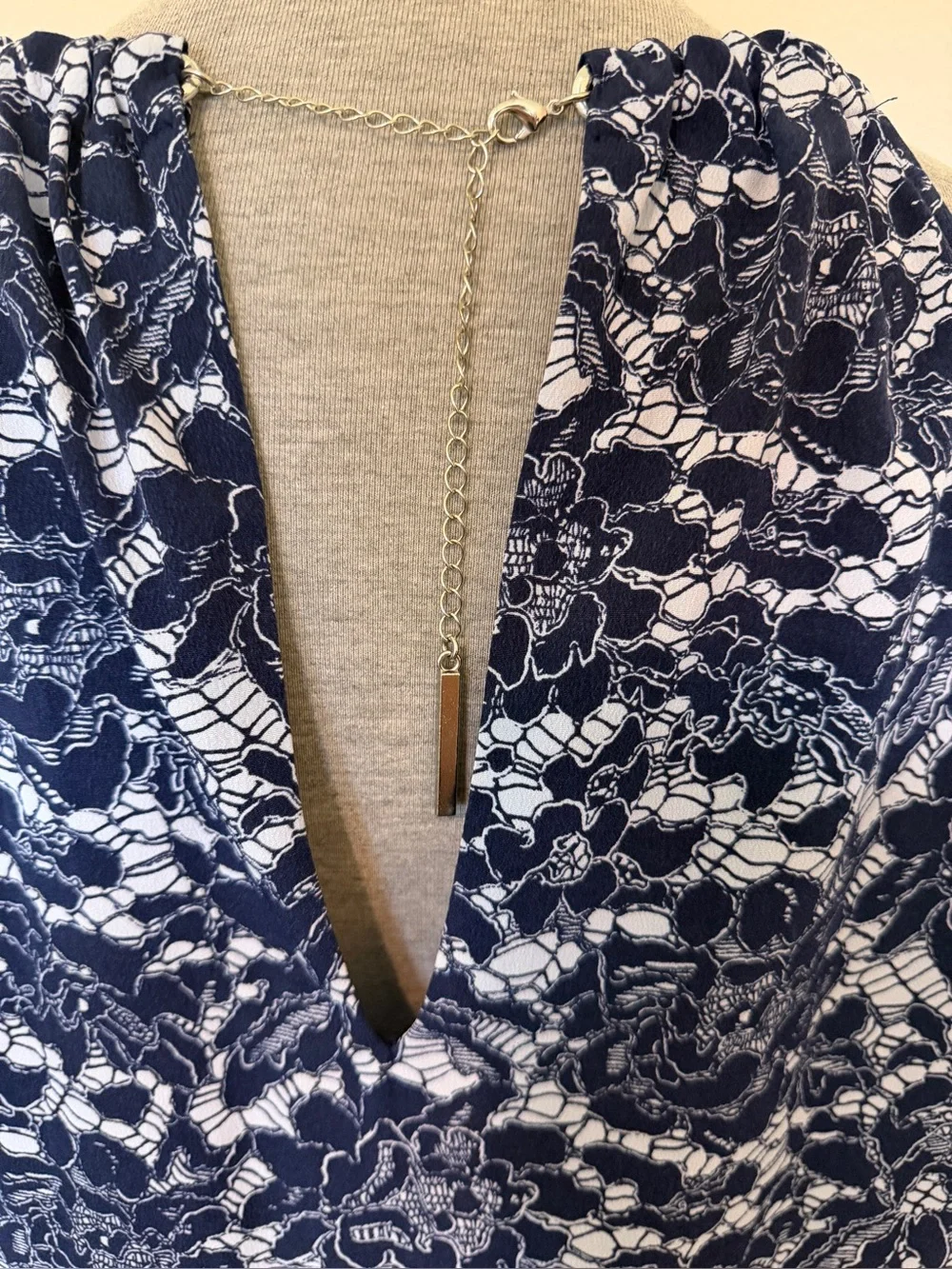 Michael Kors Navy and White Floral Halter Midi Dress with Chain Trim